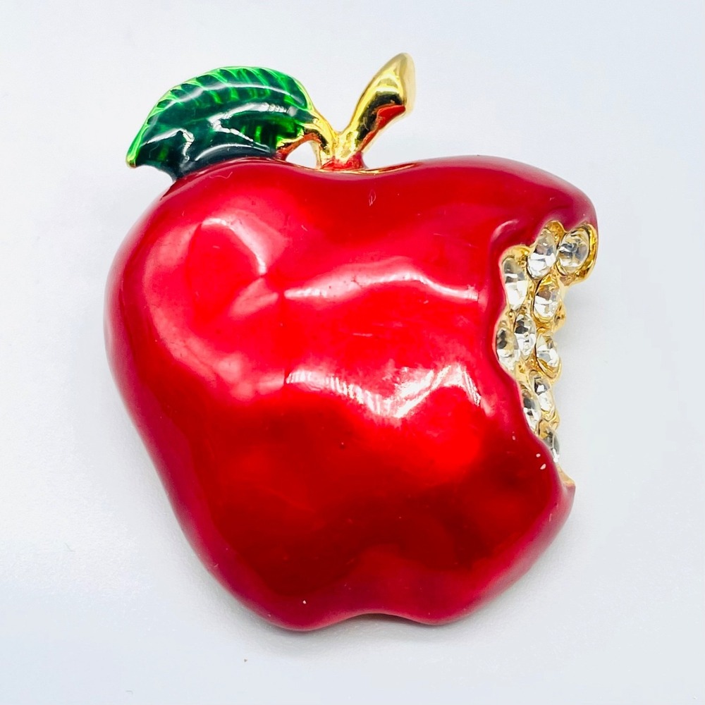Premier Designs Bitten Apple Brooch 2" Red Enamel Crystal Gold Tone